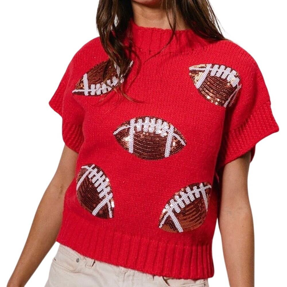 NWT BiBi Red Sequin Football Gameday Knit Short Sleeve Sweater Size XL